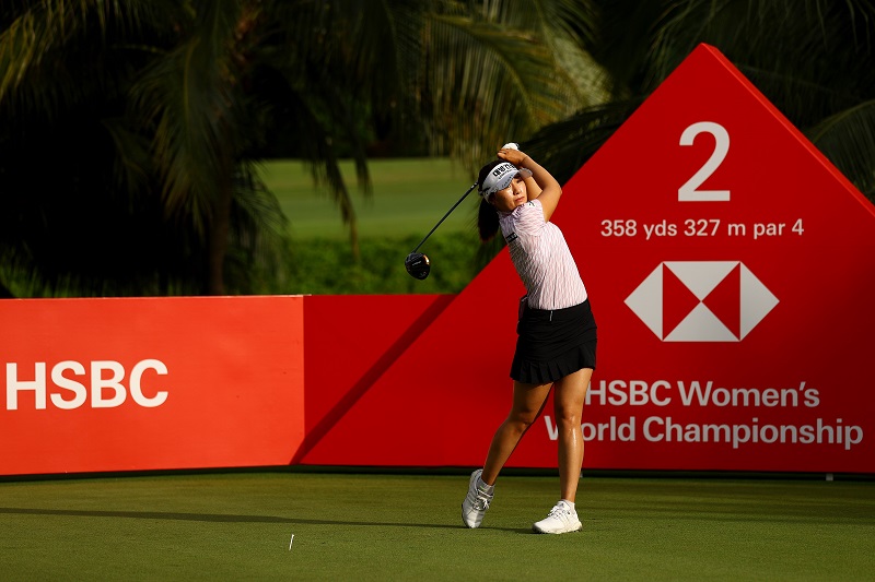 Jeongeun Lee6 of South Korea plays her shot from the second tee during the third round of the HSBC Women's World Championship at Sentosa Golf Club on March 05, 2022 in Singapore. (Photo by Yong Teck Lim/Getty Images)