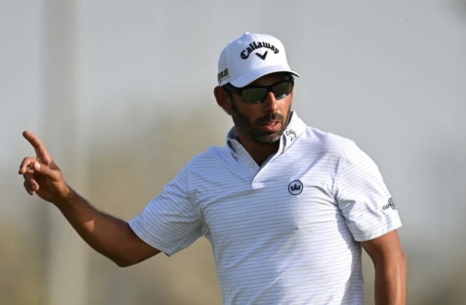 Pablo Larrazábal of Spain reacts after his putt on the 18th green during Day Two of the Commercial Bank Qatar Masters at Doha Golf Club on March 25, 2022 in Doha, Qatar. (Photo by Stuart Franklin/Getty Images)