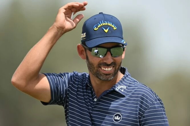 Pablo Larrazábal of Spain reacts on the 18th green during Day One of the Commercial Bank Qatar Masters at Doha Golf Club on March 24, 2022 in Doha, Qatar. (Photo by Stuart Franklin/Getty Images)