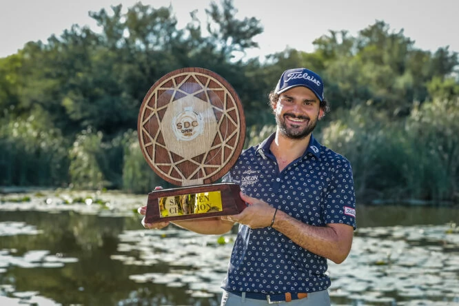 Clément Sordet with the SDC Open trophy during day 4 of the SDC Open at Zebula Golf Estate & Spa on March 27, 2022 in Bela-Bela, South Africa. (Photo by Tyrone Winfield/Sunshine Tour/Gallo Images)