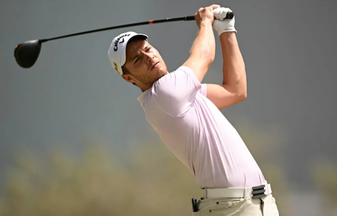 Matthew Jordan of England plays his tee shot on the fourth hole during Day Three of the Commercial Bank Qatar Masters at Doha Golf Club on March 26, 2022 in Doha, Qatar. (Photo by Stuart Franklin/Getty Images)