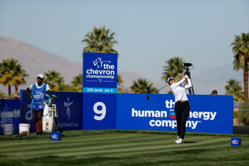 Annie Park hits her tee shot on the ninth hole during the second round at the 2022 The Chevron Championship at Dinah Shore Tournament Course at Mission Hills Country Club in Rancho Mirage, Calif. on Friday, April 1, 2022. (Chris Keane/IMG)