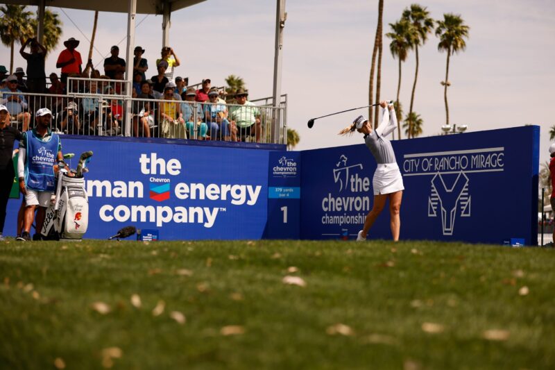 Jessica Korda tees off on the first hole during the final round at the 2022 The Chevron Championship at Dinah Shore Tournament Course at Mission Hills Country Club in Rancho Mirage, Calif. on Sunday, April 3, 2022. (Kyle Laferriere/IMG)