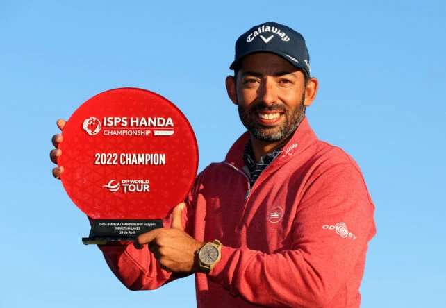 Pablo Larrazábal of Spain poses with the trophy as he wins the ISPS Handa Championship at Lakes Course, Infinitum on April 24, 2022 in Tarragona, Spain. (Photo by Andrew Redington/Getty Images)