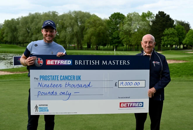 Danny Willett of England and Fred Done of Betfred after the final round of the Betfred British Masters hosted by Danny Willett at The Belfry on May 08, 2022 in Sutton Coldfield, England. (Photo by Ross Kinnaird/Getty Images)