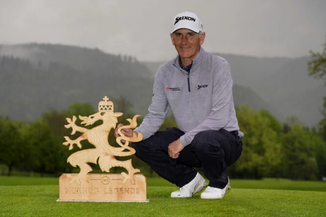 Euan McIntosh of Scotland poses with the trophy during Day Three of the Riegler and Partner Legends at Murhof Golf Club on May 08, 2022 in Frohnleiten, Austria. (Photo by Phil Inglis/Getty Images)