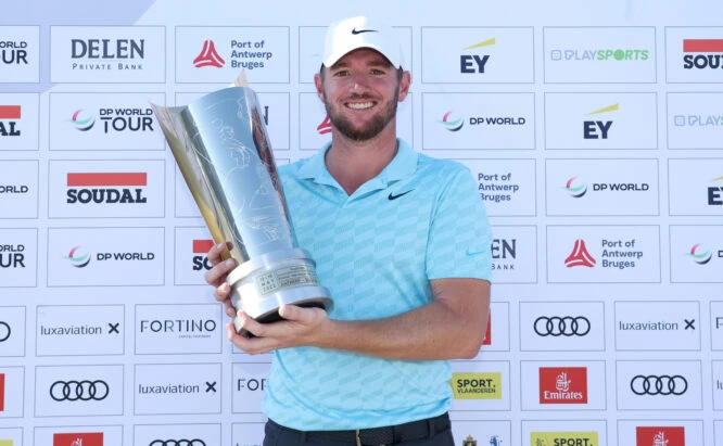 Sam Horsfield of England with the trophy after winning the Soudal Open on Day Four of the Soudal Open at Rinkven International Golf Club on May 15, 2022 in Antwerpen, Belgium. (Photo by Warren Little/Getty Images)