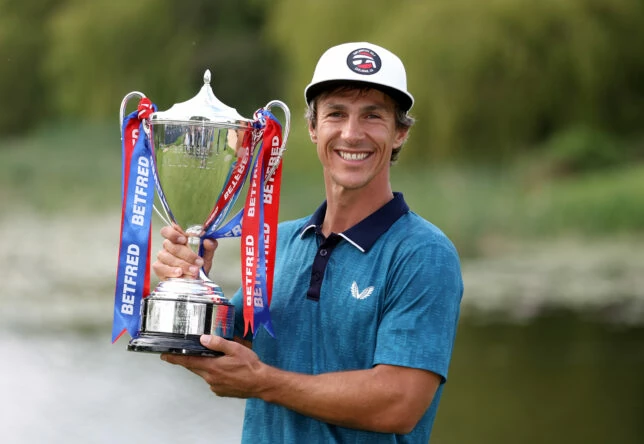 Thorbjorn Olesen of Denmark poses with the trophy after winning the Betfred British Masters hosted by Danny Willett at The Belfry on May 08, 2022 in Sutton Coldfield, England. (Photo by Richard Heathcote/Getty Images)