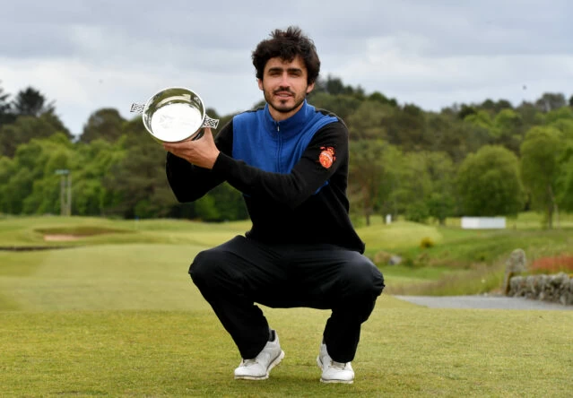 Javier Sainz of Spain with the winners trophy after final round of the Farmfoods Scottish Challenge supported by The R&A 2022 at Newmachar Golf Club on May 29, 2022 in Aberdeen, Scotland. (Photo by Mark Runnacles/Getty Images)