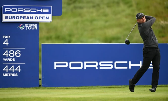 Jordan Smith of England tees off on the 13th hole during the first round of the Porsche European Open at Green Eagle Golf Course on June 02, 2022 in Hamburg, Germany. (Photo by Stuart Franklin/Getty Images)