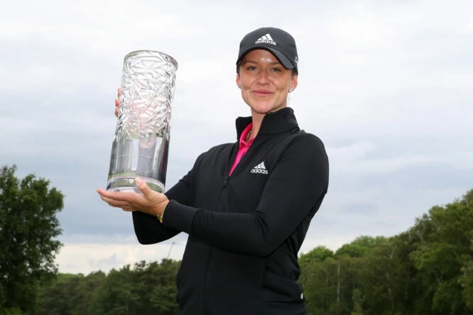Linn Grant of Sweden poses with the trophy after victory on Day Four of the Volvo Car Scandinavian Mixed Hosted by Henrik and Annika at Halmstad Golf Club on June 12, 2022 in Halmstad, Sweden. (Photo by Jan Kruger/Getty Images)