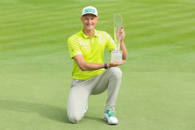 Adrian Meronk of Poland poses with the trophy after securing victory during Day Four of the Horizon Irish Open at Mount Juliet Estate on July 03, 2022 in Thomastown, Ireland. (Photo by Richard Heathcote/Getty Images)