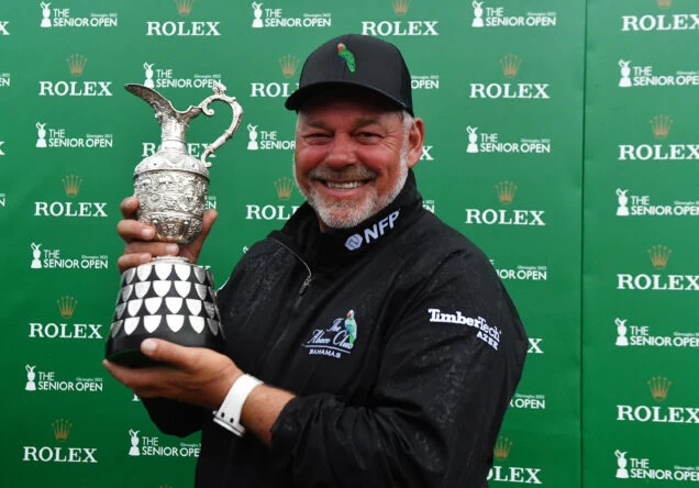 Darren Clarke of Northern Ireland poses with the trophy as he wins the Senior Open Presented by Rolex at The King's Course at Gleneagles on July 24, 2022 in Auchterarder, United Kingdom. (Photo by Mark Runnacles/Getty Images)