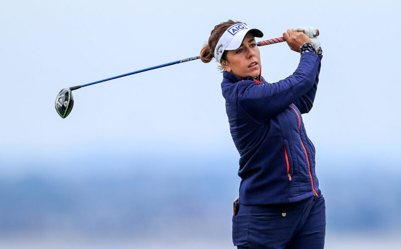 Georgia Hall of England plays a shot during the pro-am as a preview for the Trust Golf Women's Scottish Open at Dumbarnie Links on August 11, 2021 in Leven, Scotland. (Photo by David Cannon/Getty Images)