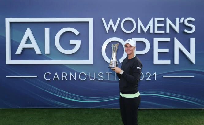 Champion, Anna Nordqvist of Sweden poses with the AIG Women's Open trophy during Day Four of the AIG Women's Open at Carnoustie Golf Links on August 22, 2021 in Carnoustie, Scotland. (Photo by Warren Little/Getty Images)
