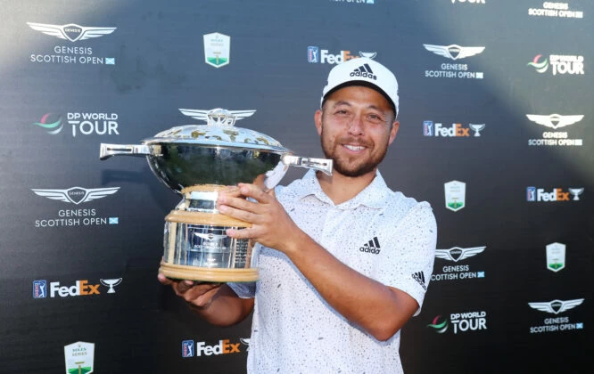 Xander Schauffele of United States poses with the Genesis Scottish Open Trophy after victory on Day Four of the Genesis Scottish Open at The Renaissance Club on July 10, 2022 in North Berwick, Scotland. (Photo by Andrew Redington/Getty Images)