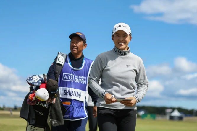 Hinako Shibuno of Japan reacts on the eighteenth hole during Day One of the AIG Women's Open at Muirfield on August 04, 2022 in Gullane, Scotland. (Photo by Richard Heathcote/Getty Images)