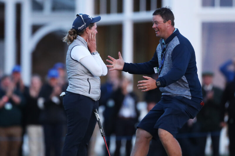 Ashleigh Buhai celebrates with husband, David, after winning the AIG Women’s Open at Muirfield. © The R&A