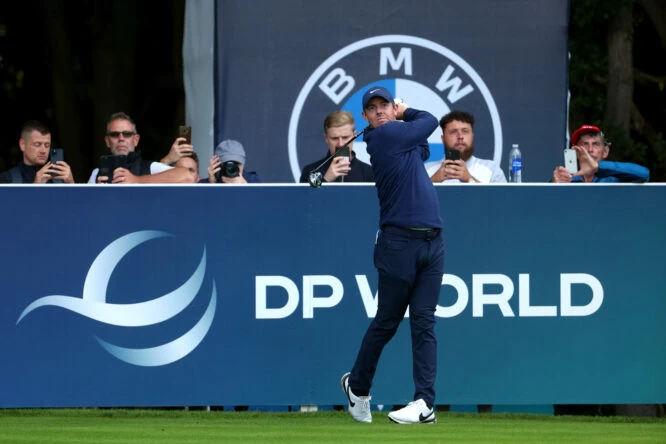 Rory McIlroy of Northern Ireland tees off on the 6th hole during the BMW PGA Championship Pro-Am at Wentworth Golf Club on September 07, 2022 in Virginia Water, England. (Photo by Andrew Redington/Getty Images)