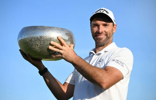 Oliver Wilson of England poses with the trophy after winning the Made in HimmerLand at Himmerland Golf & Spa Resort on September 04, 2022 in Aalborg, Denmark. (Photo by Stuart Franklin/Getty Images)