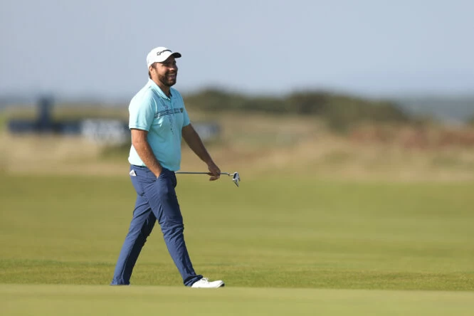 Romain Langasque of France smiles on course on Day One of the Alfred Dunhill Links Championship on the Old Course St. Andrews on September 29, 2022 in St Andrews, Scotland. (Photo by Oisin Keniry/Getty Images)