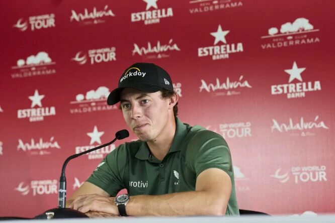 Matt Fitzpatrick of England attends the official press conference prior to the Estrella Damm N.A. Andalucía Masters at Real Club Valderrama on October 11, 2022 in Cadiz, Spain. (Photo by Aitor Alcalde/Getty Images)