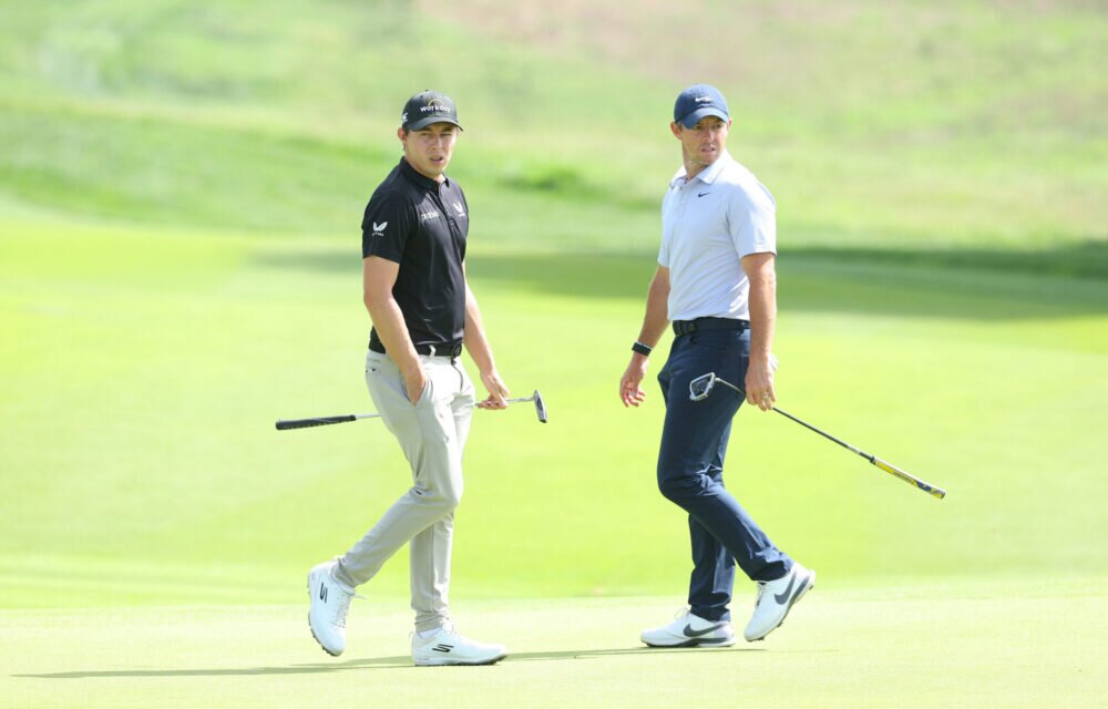 Matthew Fitzpatrick of England and Rory McIlroy of Northern Ireland are pictured together on the second green on Day Three of the DS Automobiles Italian Open 2022 at Marco Simone Golf Club on September 17, 2022 in Rome, Italy. (Photo by Andrew Redington/Getty Images)