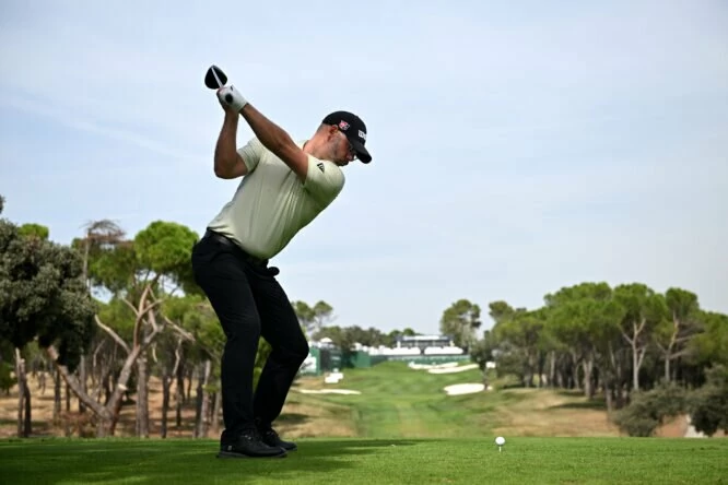 Paul Waring of England tees off on the 18th hole during Day Two of the acciona Open de Espana presented by Madrid at Club de Campo Villa de Madrid on October 07, 2022 in Madrid, Spain. (Photo by Stuart Franklin/Getty Images)