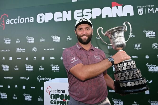 Jon Rahm of Spain pictured with the trophy after winning on Day Four of the acciona Open de Espana presented by Madrid at Club de Campo Villa de Madrid on October 09, 2022 in Madrid, Spain. (Photo by Stuart Franklin/Getty Images)