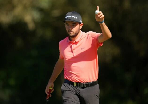 Ángel Hidalgo of Spain celebrates on the 6th hole during Day Two of the Estrella Damm N.A. Andalucía Masters at Real Club Valderrama on October 14, 2022 in Cadiz, Spain. (Photo by Aitor Alcalde/Getty Images)