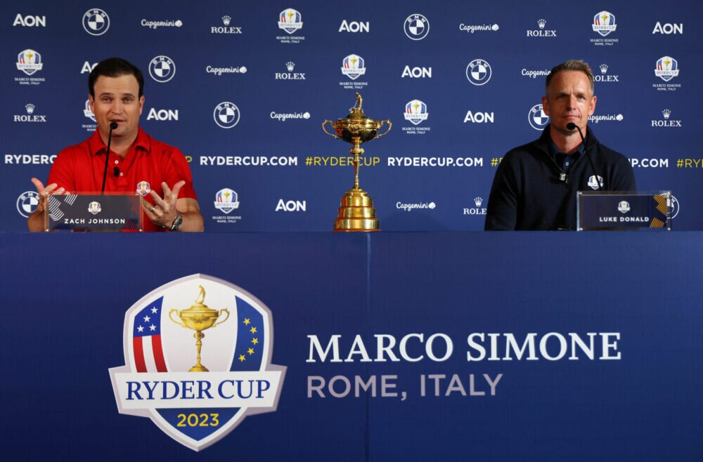 Team Captains Zach Johnson of The United States and Luke Donald of England talk to the media in a press conference during the Ryder Cup 2023 Year to Go Media Event at Marco Simone Golf Club on October 04, 2022 in Rome, . (Photo by Andrew Redington/Getty Images)