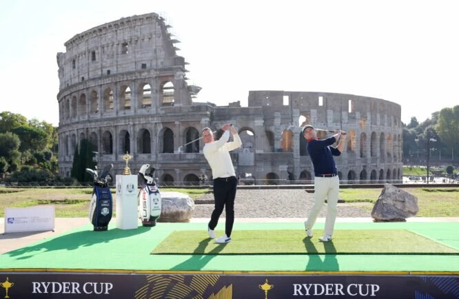 Team Captains Luke Donald of England and Zach Johnson of The United States pose for a photograph with the Ryder Cup Trophy at the Colosseum during the Ryder Cup 2023 Year to Go Media Event on October 04, 2022 in Rome, . (Photo by Andrew Redington/Getty Images)
