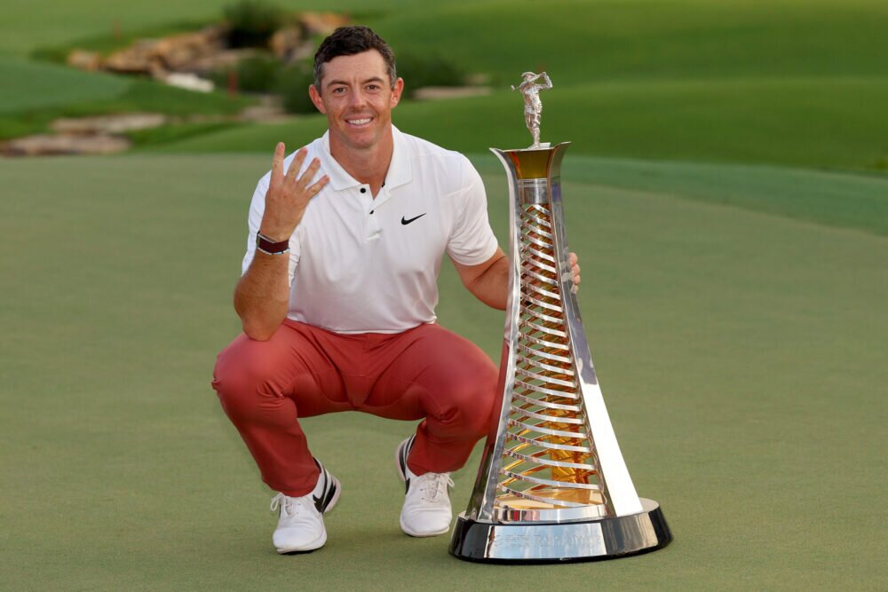 Rory McIlroy of Northern Ireland poses with the DP World Tour Championship trophy during Day Four of the DP World Tour Championship on the Earth Course at Jumeirah Golf Estates on November 20, 2022 in Dubai, United Arab Emirates. (Photo by Andrew Redington/Getty Images)