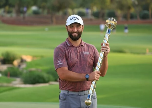 Jon Rahm of Spain poses with the DP World Tour Championship after the final round on Day Four of the DP World Tour Championship on the Earth Course at Jumeirah Golf Estates on November 20, 2022 in Dubai, United Arab Emirates. (Photo by David Cannon/Getty Images)