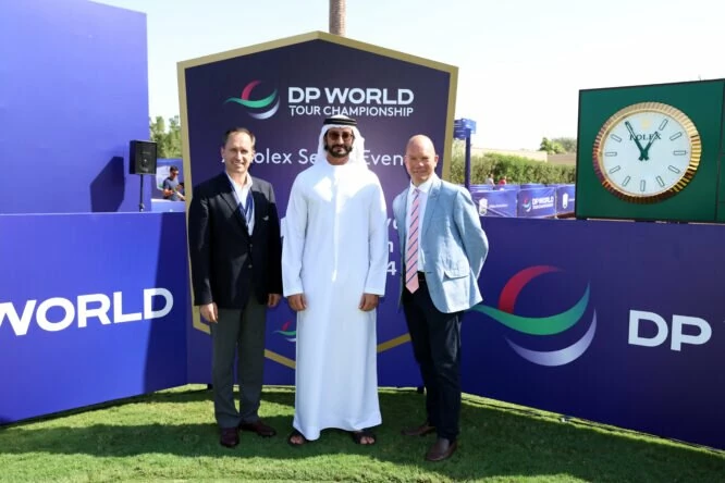 From left to right: Daniel van Otterijk, DP World, Mustafa Al Hashimi, wasl Hospitality & Leisure and Guy Kinnings, DP World Tour. (Photo by Luke Walker/Getty Images)