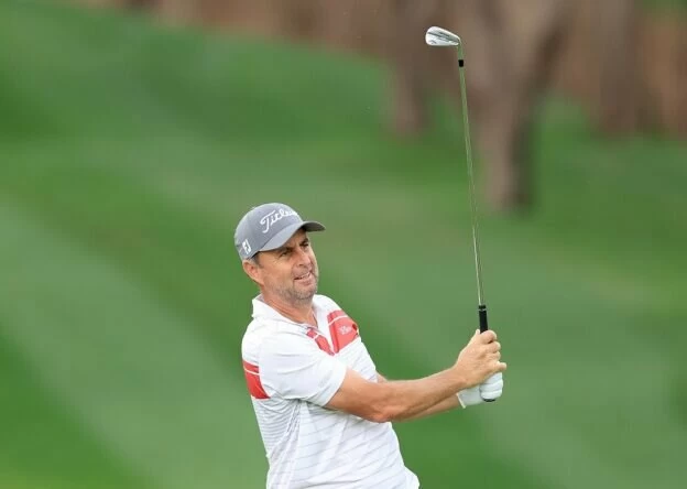 Richard Bland of England plays his second shot on the first hole during the completion of his first round on Day Two the Hero Dubai Desert Classic on the Majlis Course at The Emirates Golf Club on January 27, 2023 in Dubai, United Arab Emirates. (Photo by David Cannon/Getty Images)