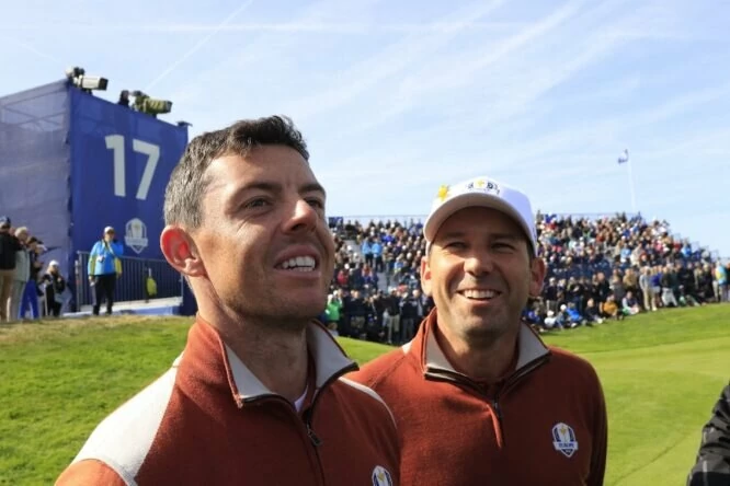 Rory McIlroy y Sergio García en la Ryder Cup 2018. © Golffile | Eoin Clarke