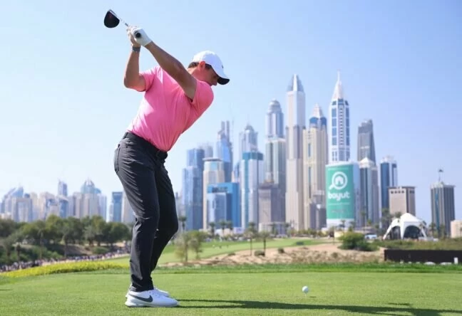 Rory McIlroy of Northern Ireland tees off on the 8th hole during the Third Round on Day Four of the Hero Dubai Desert Classic at Emirates Golf Club on January 29, 2023 in Dubai, United Arab Emirates. (Photo by Warren Little/Getty Images)