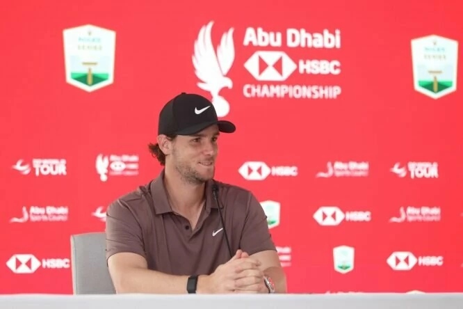 Thomas Pieters of Belgium talks in a press conference prior to the Abu Dhabi HSBC Championship at Yas Links Golf Course on January 18, 2023 in Abu Dhabi, United Arab Emirates. (Photo by Oisin Keniry/Getty Images)