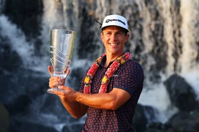 Thorbjorn Olesen of Denmark poses with the Thailand Classic Trophy after winning the Thailand Classic at Amata Spring Country Club on February 19, 2023 in Thailand. (Photo by Thananuwat Srirasant/Getty Images)