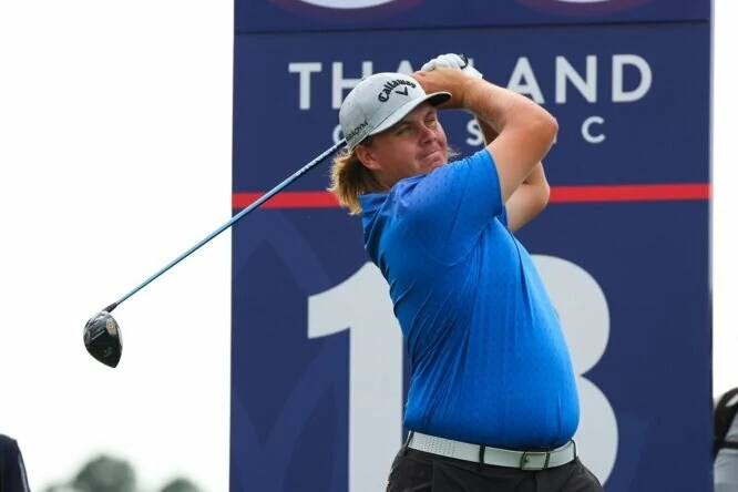 Sami Valimaki of Finland tees off on the 18th hole during Day One of the Thailand Classic at Amata Spring Country Club on February 16, 2023 in Thailand. (Photo by Thananuwat Srirasant/Getty Images)