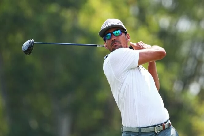 Rafa Cabrera Bello of Spain tees off on the ninth hole during Day Two of the Thailand Classic at Amata Spring Country Club on February 17, 2023 in Thailand. (Photo by Thananuwat Srirasant/Getty Images)