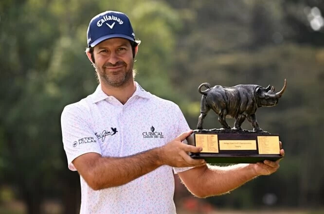 Jorge Campillo of Spain with the winners trophy after the final round of the Magical Kenya Open Presented by Absa at Muthaiga Golf Club on March 12, 2023 in Kenya. (Photo by Stuart Franklin/Getty Images)