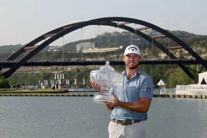 Sam Burns of the United States poses with the trophy after winning the World Golf Championships-Dell Technologies Match Play at Austin Country Club on March 26, 2023 in Austin, Texas. (Photo by Harry How/Getty Images)