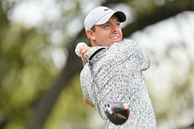 Rory McIlroy of Northern Ireland tees off on the first hole during the second day of the World Golf Championships-Dell Technologies Match Play at Austin Country Club on March 23, 2023 in Austin, Texas. (Photo by Ben Jared/PGA TOUR via Getty Images)