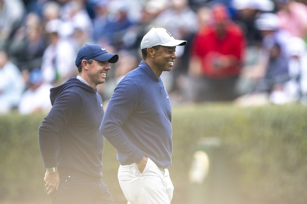 Tiger Woods y Rory McIlroy en la jornada de prácticas de hoy lunes en Augusta. © The Masters