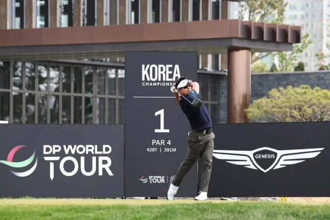 Sanghyun Park of South Korea tees off on the first hole on Day Two of the Korea Championship Presented by Genesis at Jack Nicklaus GC Korea on April 28, 2023 in South Korea. (Photo by Chung Sung-Jun/Getty Images)