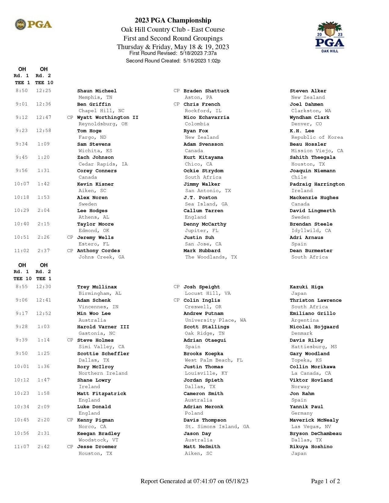 Schedules and full groups for day 1 and 2 of the pga championship