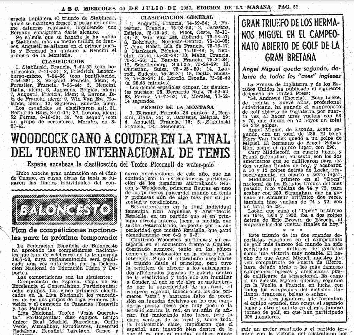 Información del Diario ABC del día 10 de julio de 1957 sobre el Open.