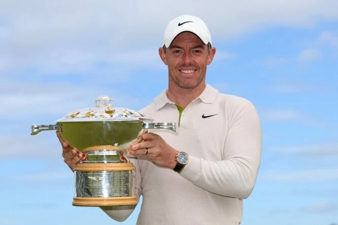 Rory McIlroy of Northern Ireland poses for a photo with the Genesis Scottish Open trophy on the 18th green after winning the tournament during Day Four of the Genesis Scottish Open at The Renaissance Club on July 16, 2023 in United Kingdom. (Photo by Andrew Redington/Getty Images)
